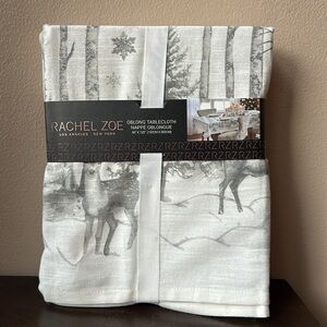 Rachel Zoe Christmas Tablecloth 60”x104” Evergreen Tres Reindeer New